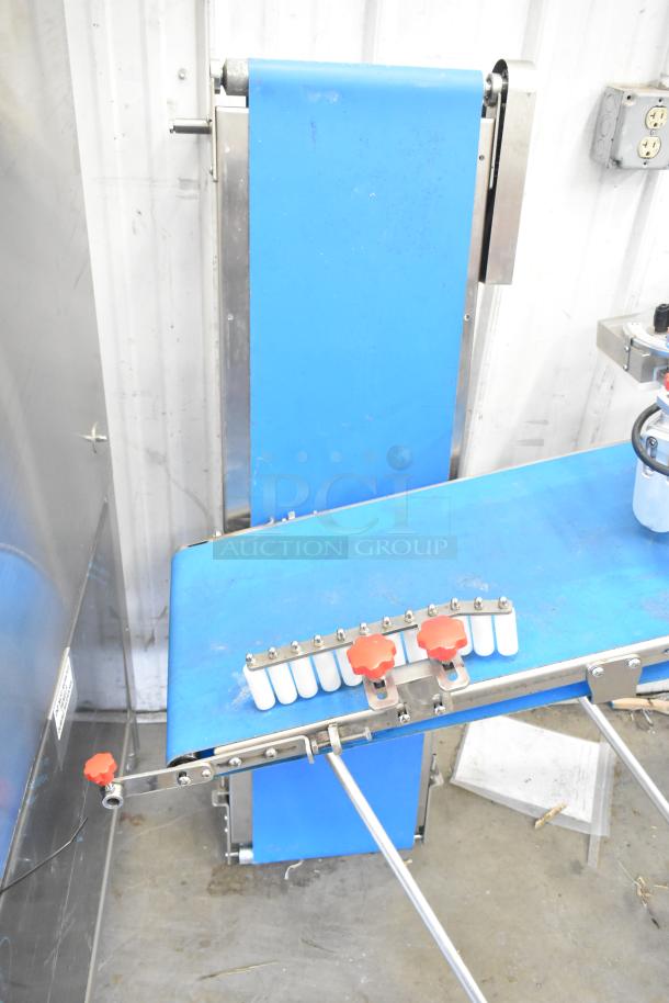 Seny Machinery SY-860 automatic bread making machine with blue conveyor, stainless steel frame. Suitable for 220V.