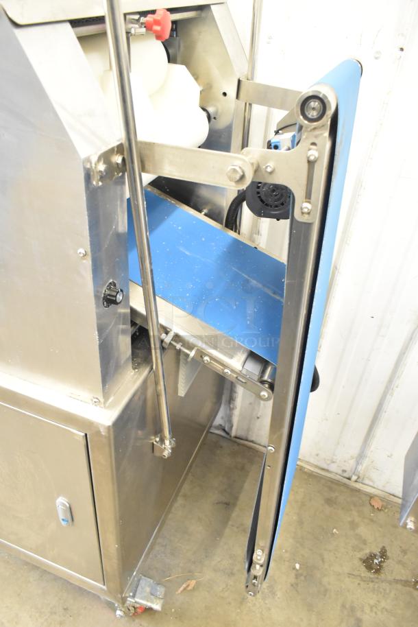 Seny Machinery SY-860 Automatic Bread Making Machine, stainless steel, blue conveyor, 220V, commercial use, good condition.