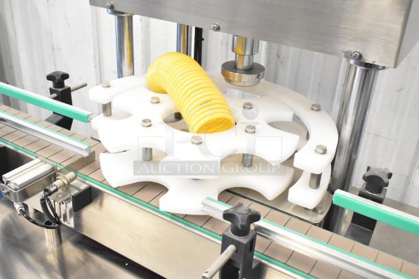 Guangdong ZK130 Can Flaring Machine in stainless steel; features conveyor and yellow hose. 110V, 1 phase.