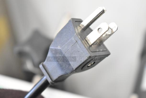 Guangdong ZK130 commercial automatic can flaring machine plug, 110V, 1 phase. Plug close-up indicates voltage compatibility.