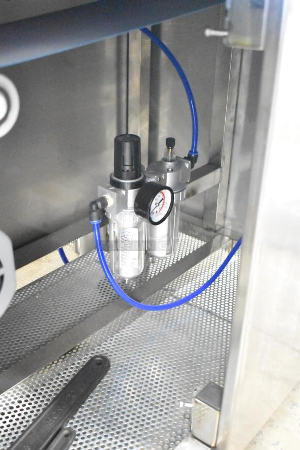 Luohe Orange Mechanical commercial forming machine, 220V, 3-phase. Features pressure gauge and blue tubing, in good condition.