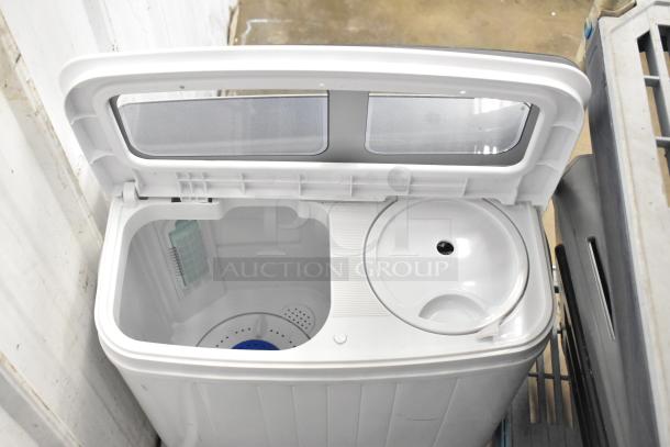 H01GN001 Portable Washing Machine, 110V, 1 Phase, open top view showing dual compartments, appears in good condition.
