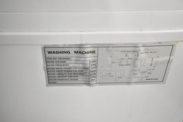 H01GN001 Portable Washing Machine label showing 110V, 1 Phase, 60Hz, 280W washing power, 160W spin power, IPX4 rating.