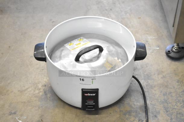 Winco RC-P300 countertop electric rice cooker, white, 110 volts, 1 phase. Shows minor wear with lid and handles visible.