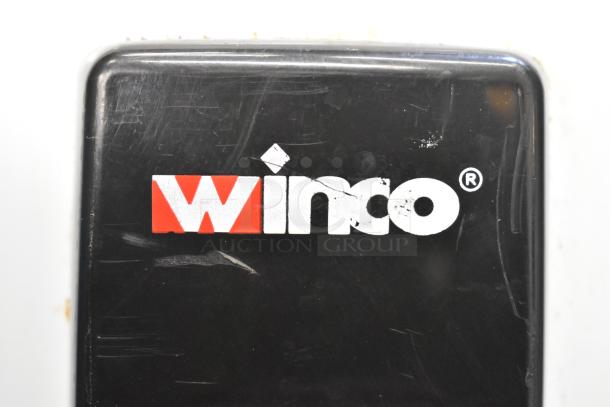 Winco RC-P300 countertop electric rice cooker, black with visible logo. Model features and 110 volts, 1 phase specification.