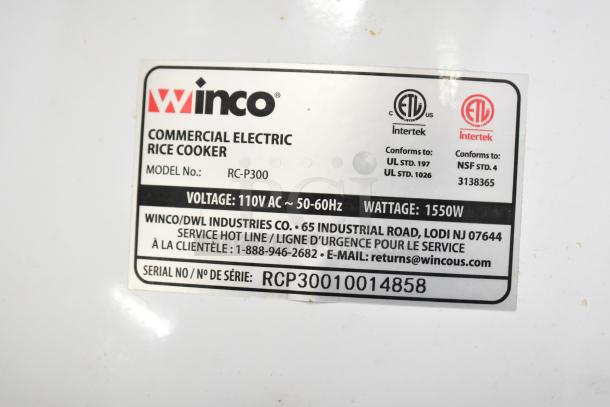 Winco RC-P300 electric rice cooker label. 110V, 1550W, UL and NSF certified. Serial No: RCP30010014858.