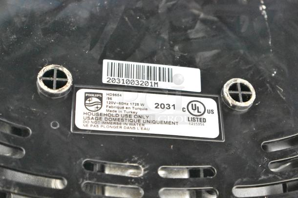 Philips HD96654 Countertop Air Fryer base showing model and UL certification labels. 120V, 1 phase, 1725W. Made in Turkey.