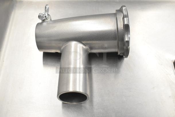 Ankarsrum meat grinder attachment, stainless steel, in original box, excellent condition, features butterfly locking screw.