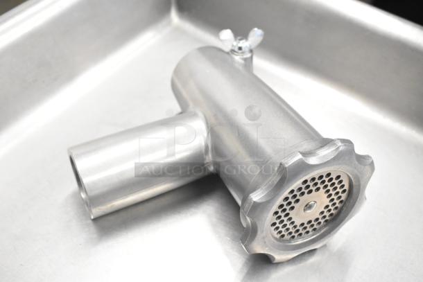 Ankarsrum meat grinder attachment in original box, silver finish, includes fine grinding disc, excellent condition.