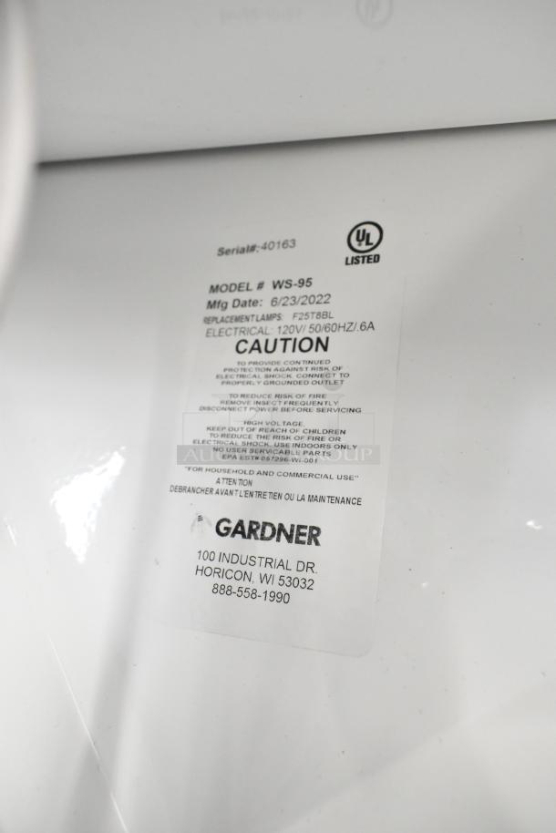 Gardner WS-95 Bug Zapper label showing model, make, 120V, 1 Phase, serial number 40163, UL listed, manufactured 6/23/2022.
