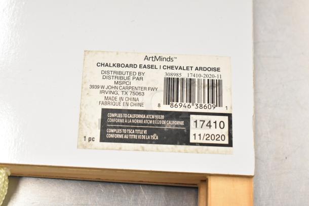 ArtMinds Chalkboard Easel label, model 17410, made in China, distributed by MSPCI, dated 11/2020.
