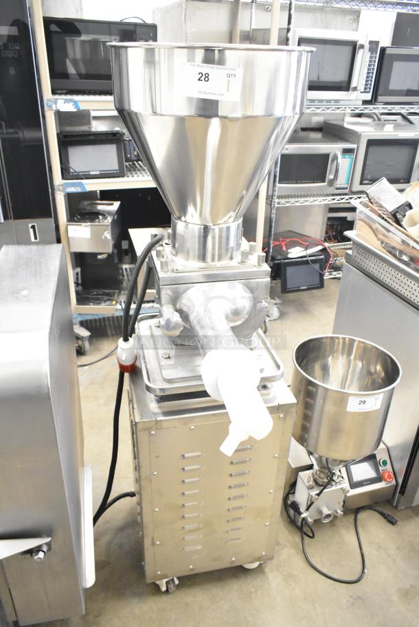 Luohe Orange commercial floor filling machine, stainless steel, on casters, 220V, 3 phase, with labels indicating item number 28.