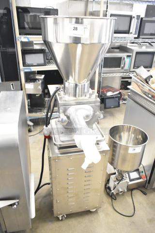 Luohe Orange commercial floor filling machine, stainless steel, on casters, 220V, 3 phase, with labels indicating item number 28.