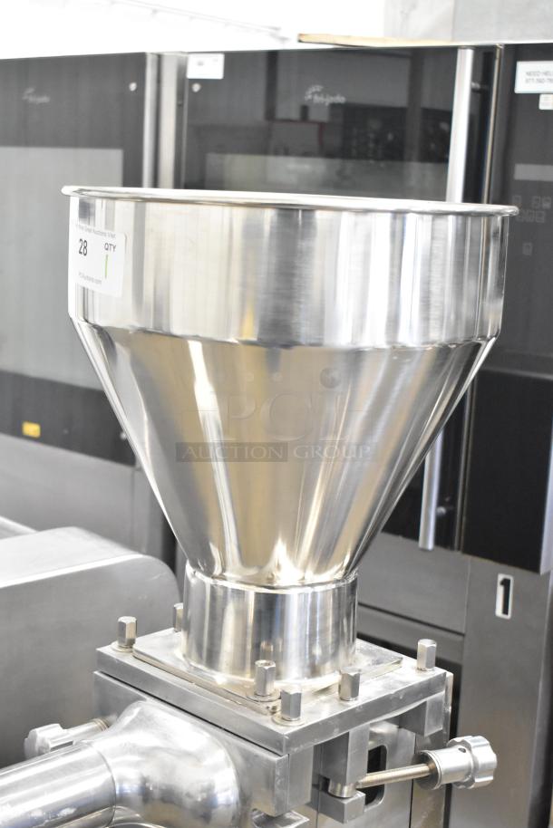 Luohe Orange commercial floor filling machine, stainless steel, on casters, tag indicating 28 QTY, 220V, 3 phase.