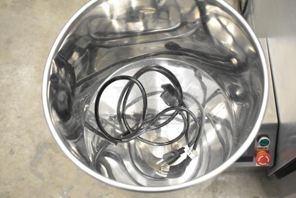 2023 ZD200E-1 Pastry Donut Filling Machine, countertop model, shown with power cord in a stainless steel bowl, 110V, 1 phase.