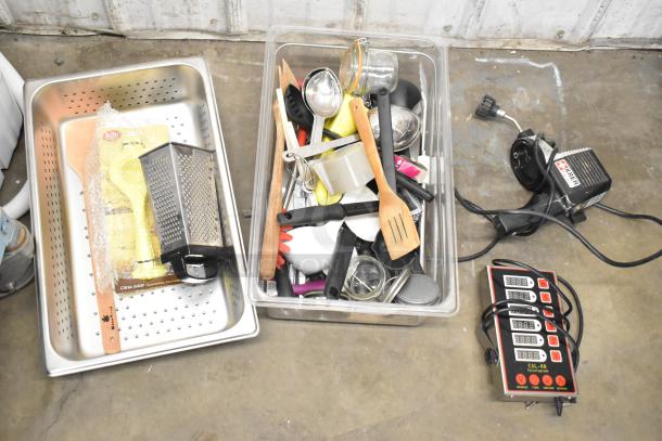 Lot includes CAL-6B Calculagraph, assorted utensils, metal and plastic bins. Items appear in used condition.