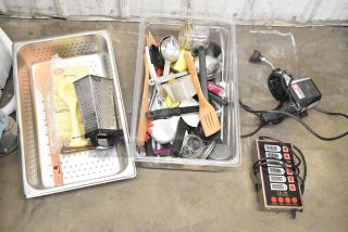 Lot includes CAL-6B Calculagraph, assorted utensils, metal and plastic bins. Items appear in used condition.