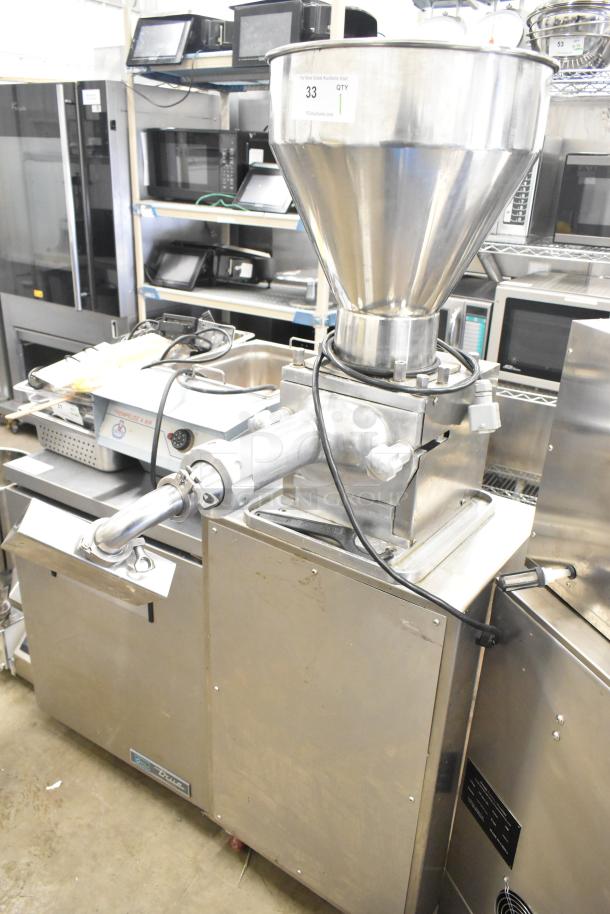 Luohe Orange commercial floor style filling machine on casters, 220V, 3 phase, stainless steel, with funnel and display panel.