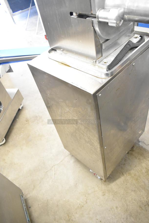Luohe Orange commercial floor filling machine on casters, stainless steel, 220V, 3-phase, industrial use, minor wear.
