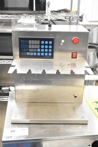 Commercial countertop 6-head spout pouch filling machine with digital controls. Stainless steel, high accuracy for hot liquids.