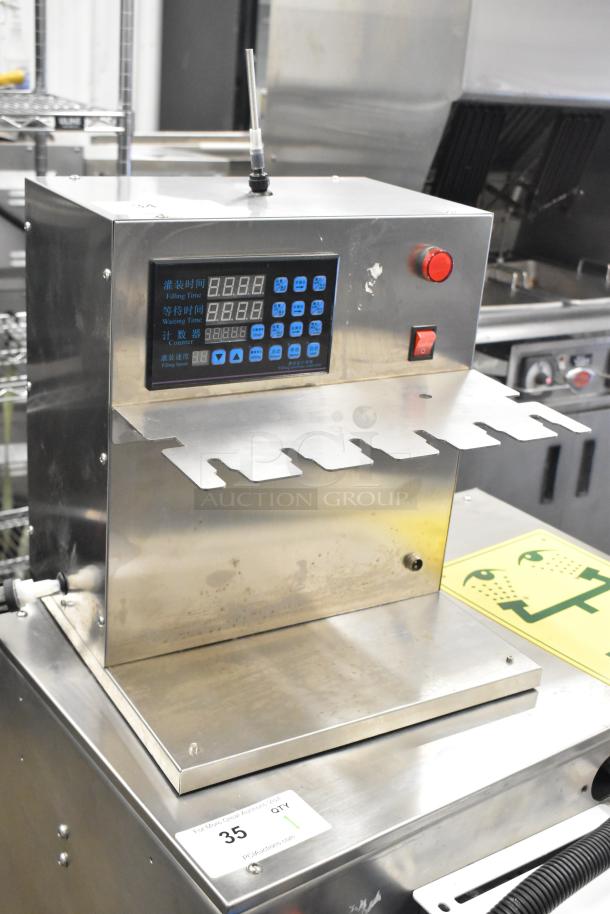 Commercial countertop 6-head spout pouch filling machine, stainless steel, digital controls, used for hot liquids.