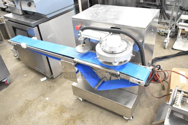 Luohe Orange commercial dough cutting machine with blue conveyor, stainless steel body, on casters. 220V, 3-phase.