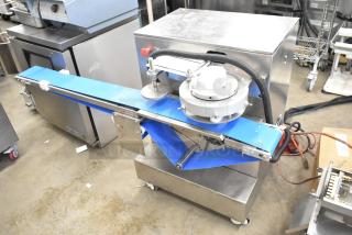 Luohe Orange commercial dough cutting machine with blue conveyor, stainless steel body, on casters. 220V, 3-phase.