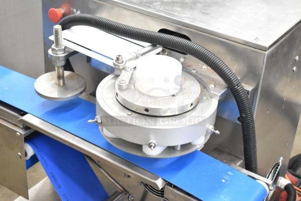 Luohe Orange commercial dough cutting machine, floor style with casters, 220V, 3-phase, stainless steel, used condition.