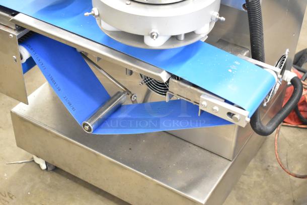 Luohe Orange commercial dough cutting machine, floor style, on casters. Features stainless steel and blue conveyor. 220V, 3-phase.