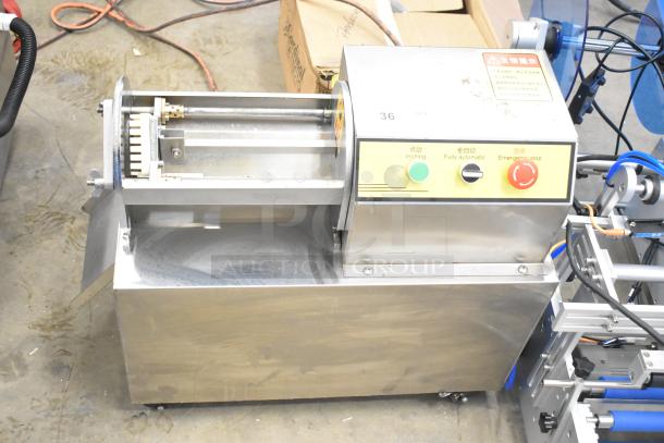 2023 C12 Countertop Semi Automatic Round Bottle Labeling Machine, 220V, 1 Phase, with control panel and safety labels.