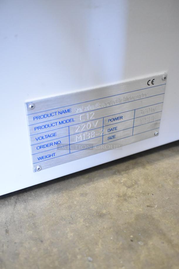 2023 C12 Countertop Semi Automatic Round Bottle Labeling Machine, 220V, Model C12, with visible label specifications.