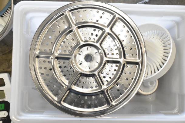 Lot including metal steamer insert, citrus juicer part, white bin, and digital timer; assorted kitchen items in good condition.