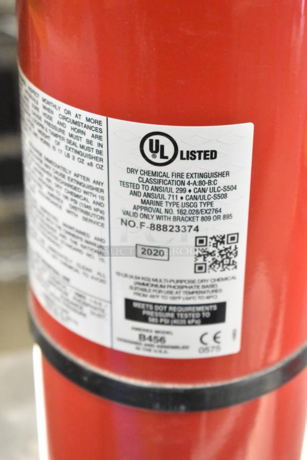 Two Amerex dry chemical fire extinguishers, model B456, UL listed, 10 lbs capacity, for multi-purpose use, 2020 manufactured.