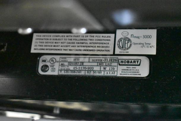 2017 Hobart HTi-7LH26 scale label with model and voltage details. Tested, working condition.