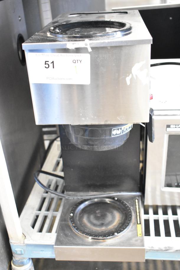 Bunn VPR Countertop 2 Burner Coffee Machine, 120 Volts, 1 Phase. Features stainless steel build with visible wear. Auction tag present.