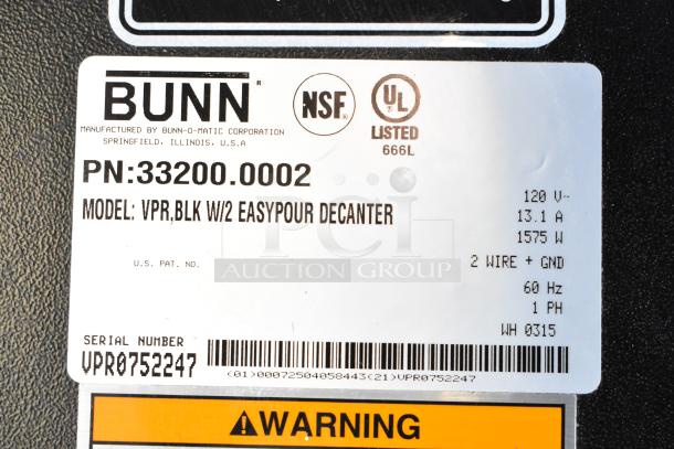 Bunn VPR Coffee Machine label showing model VPR with EasyPour decanter, 120V, serial VPR0752247, NSF and UL listed.
