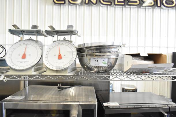 Three scales including a Detecto SCS30A hanging produce scale; metal construction, analog dials, various conditions.