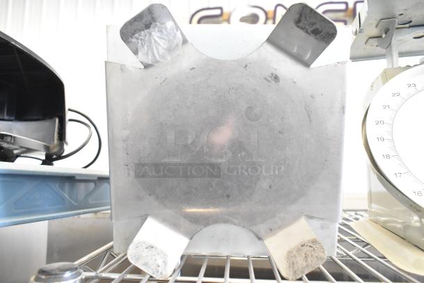 Three various scales, including a Detecto SCS30A hanging produce scale. Visible wear, metal construction, wire shelving.