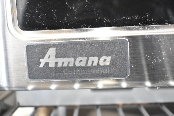 2019 Amana RCS10TS commercial microwave, stainless steel, 120V, 1 Phase. "Amana Commercial" logo visible.