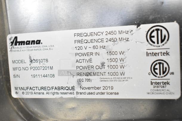 2019 Amana RCS10TS Commercial Microwave, 120V, 1000W output. Model and serial numbers visible on worn label.