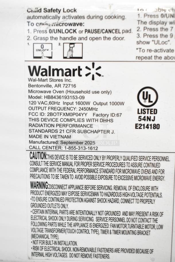 2025 Hamilton Beach HB8436193153-09 Countertop Microwave Oven, 120 Volts, 1 Phase, Model HB8436193153-09, made in Vietnam.