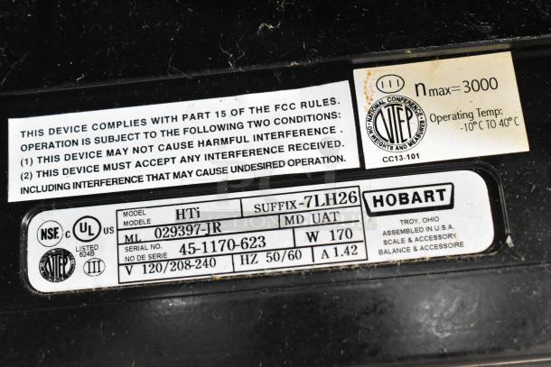 2017 Hobart HTi-7LH26 metal countertop food portioning scale, voltage 120/208-240, FCC compliant, tested, and working.