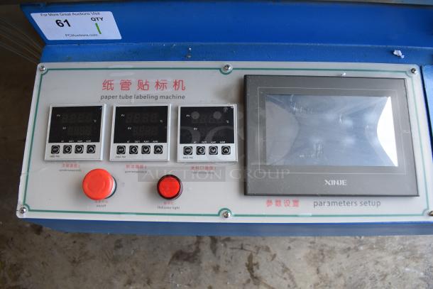 Commercial Paper Tube Labeling Machine with control panel, XINJE display, and temperature controls. Voltage: 208/250V, 1 Phase.