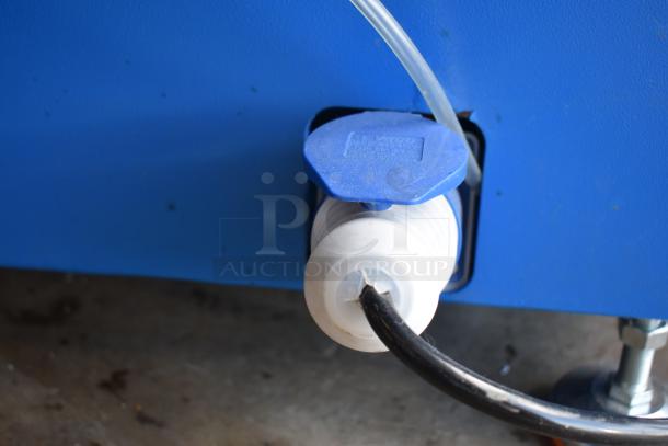 Commercial paper tube labeling machine power connection, blue casing, 208/250 volts, 1-phase, electric cable attached.