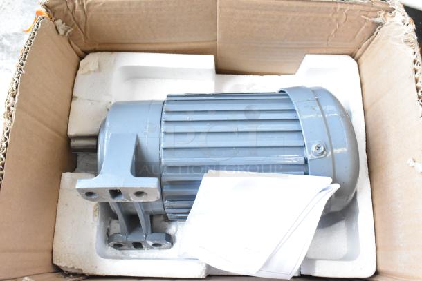 TVT Induction Motor, 220 Volts, gray, in open cardboard box with packaging foam, appears new with attached documents.