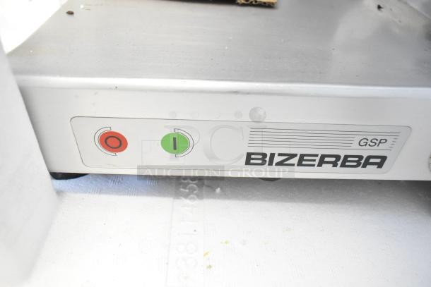 Bizerba GSP H commercial countertop meat slicer, 120 volts, 1 phase. Red and green power buttons visible.