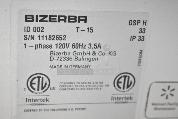 Bizerba GSP H Commercial Meat Slicer label, 120V, 1 phase. Serial number 11182652. Made in Germany. ETL certified.