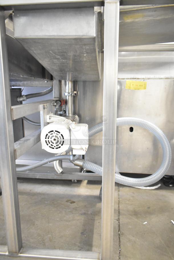 Belshaw Adamatic TG-50 stainless steel thermoglazing station on casters, 208V, 1 phase, shown with motor and hoses.