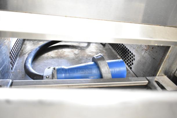 Belshaw Adamatic TG-50 stainless steel thermoglazing station, visible blue cable, on commercial casters, 208V, 1 phase.