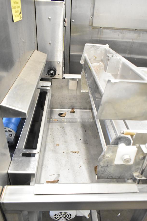 Belshaw Adamatic TG-50 stainless steel thermoglazing station on casters, 208V, 1 phase, showing interior tray and controls.